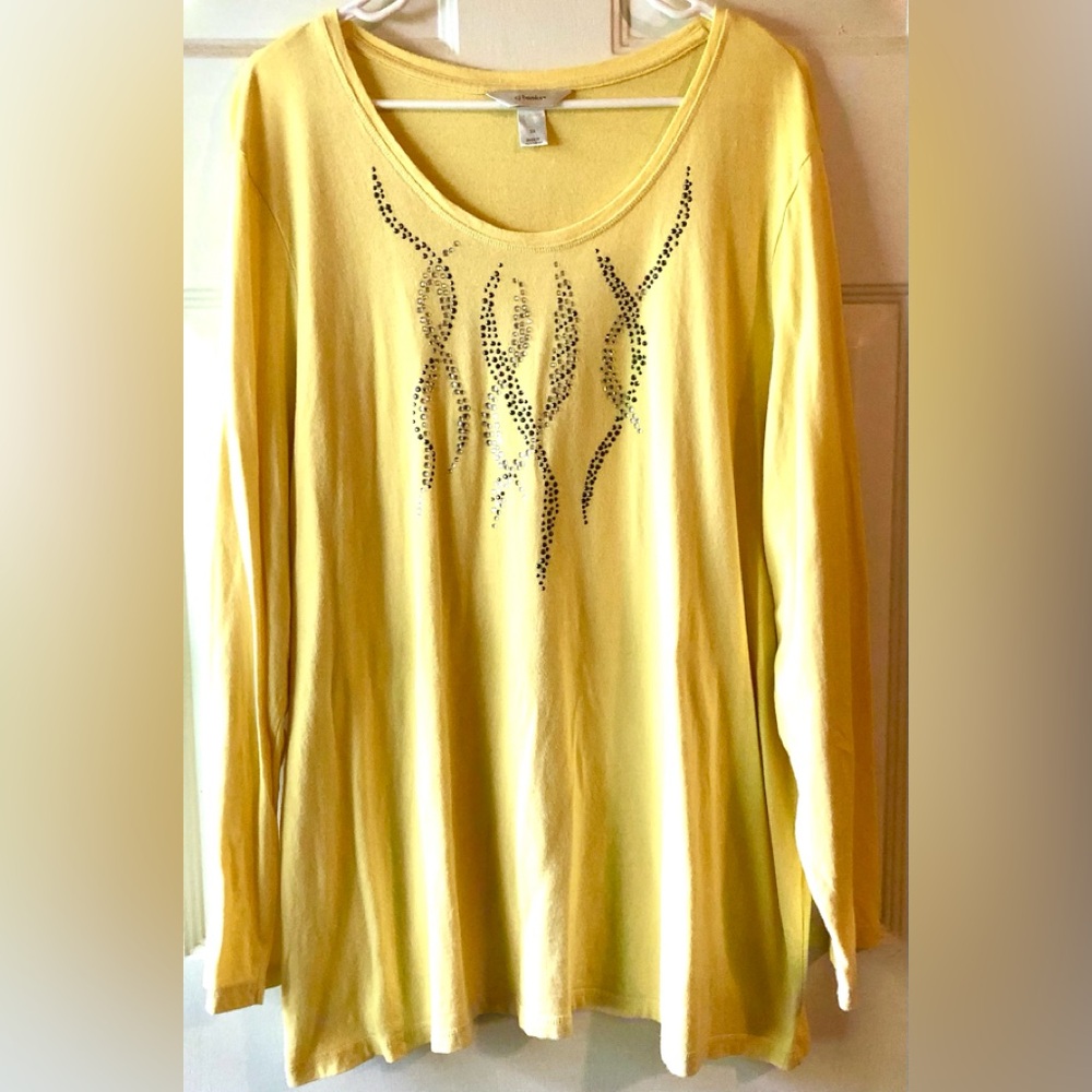C.J. Banks Yellow Clear Gray Rhinestone Front Detail Long Sleeve Knit Top 3X